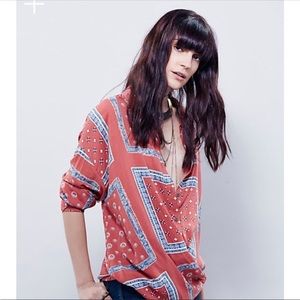 Free People Little Secrets Scarf Bandana Print Button Down Top XS Oversized